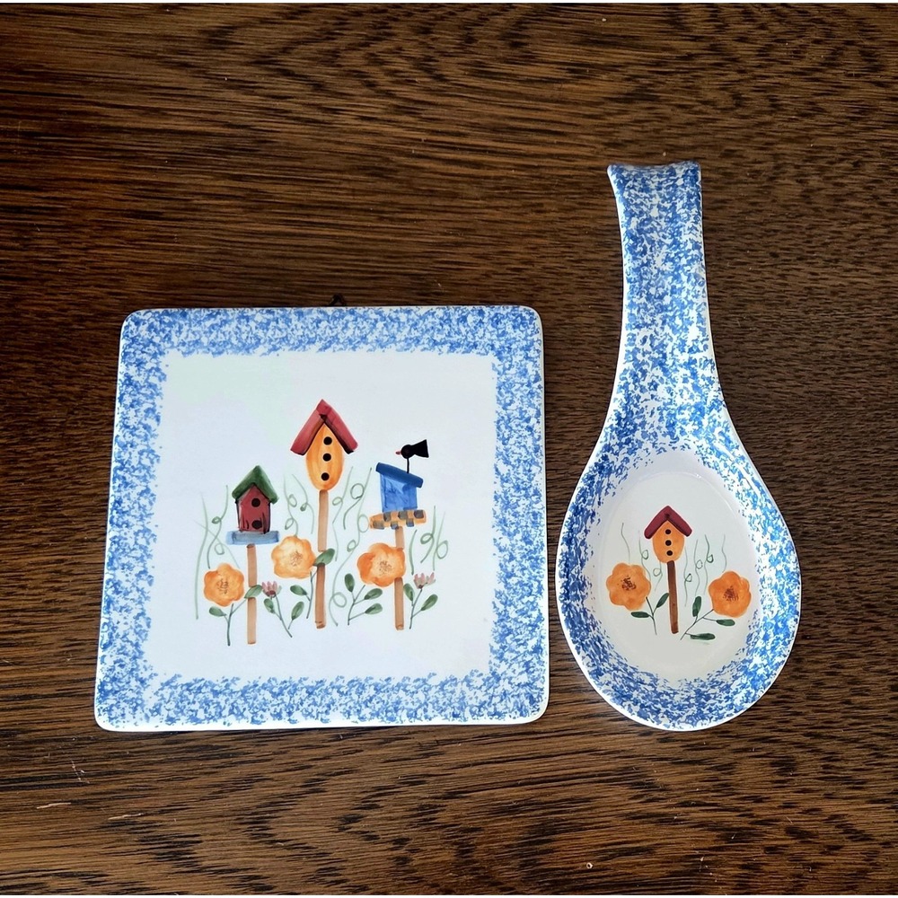 Vintage Crazy Mountain Ceramic Tile Trivet & Spoon Rest Set‎ Bird Houses Flowers